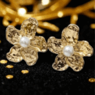 2Golden Flower Pearl Stud Earrings